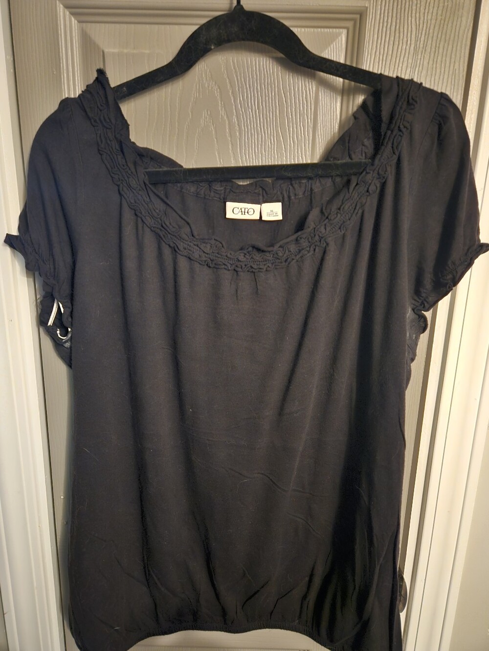 Cato Black Short-Sleeve Scoop Neck Blouse with Braided Trim